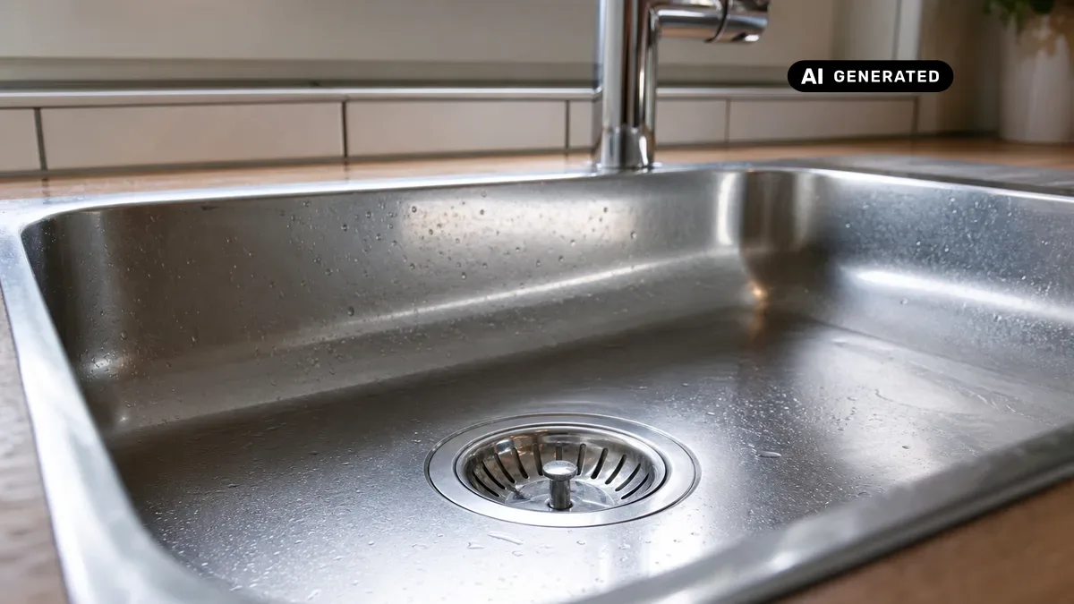 KI-generiertes Bild: Gepflegtes Spülbecken in einer modernen Küche mit gut sichtbarem Abfluss und eingesetztem Sieb