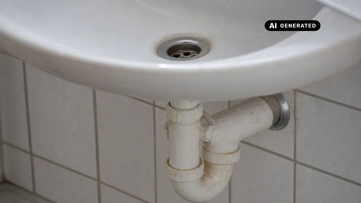 KI-generiertes Bild: Detailaufnahme eines Waschbecken-Abflusses mit sichtbarem Siphon darunter in einem hellen Badezimmer