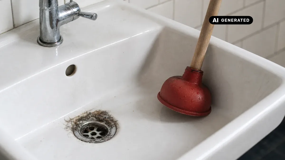 KI-generiertes Bild: Person befreit verstopften Waschbeckenabfluss mit einer Saugglocke im Badezimmer