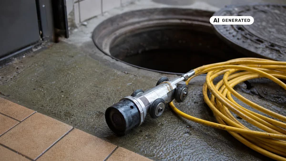 KI-generiertes Bild: Fachmann führt Kamera-Inspektion in einem Abwasserkanal durch, Dichtheitsprüfung Rohr