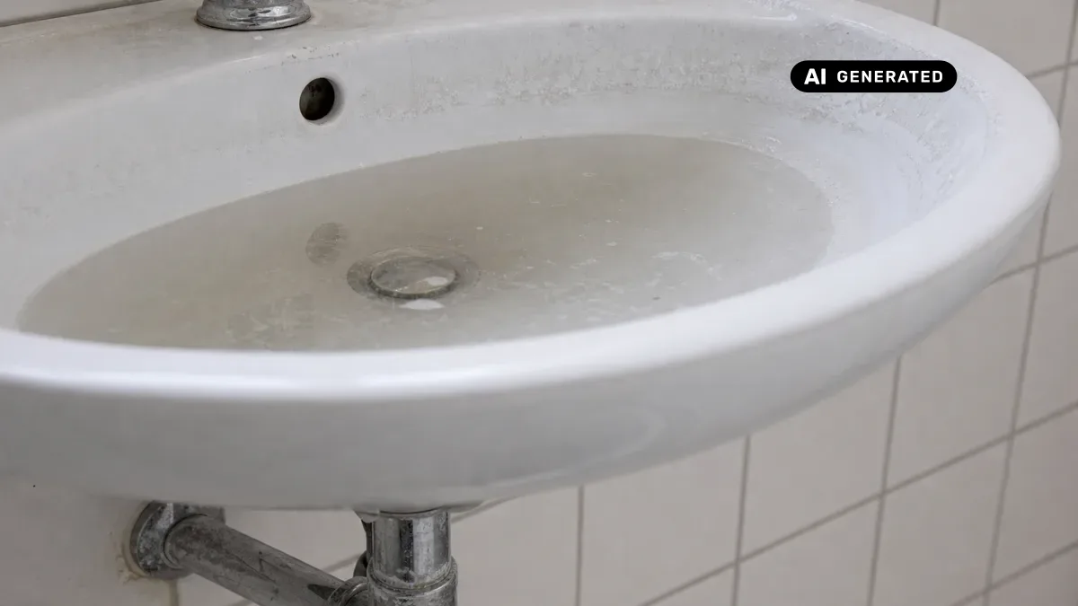 KI-generiertes Bild: Fachmann reinigt einen Abfluss mit professionellem Werkzeug unter einem Waschbecken