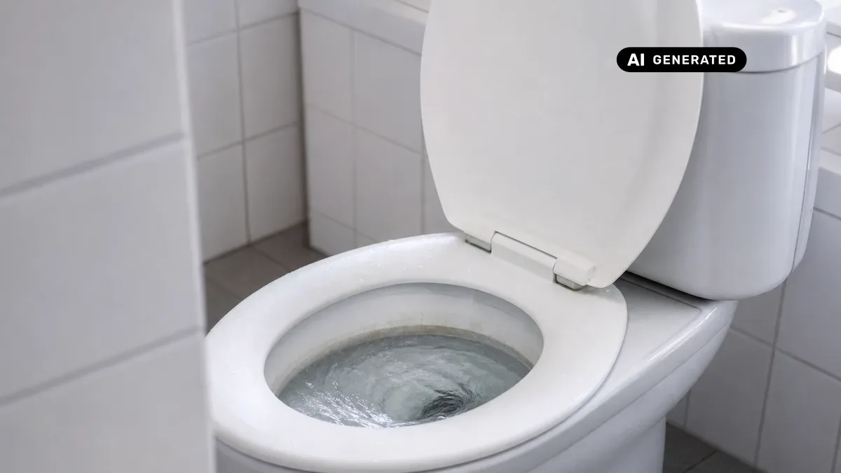 KI-generiertes Bild: Nahaufnahme einer weißen Toilette mit Spülkasten in einem hell gefliesten Bad