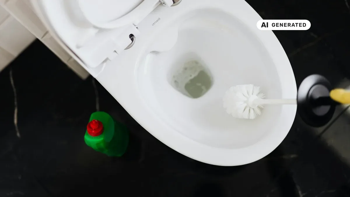 KI-generiertes Bild: Fachmann behebt verstopfte Toilette mit Rohrspirale in einem modernen Badezimmer