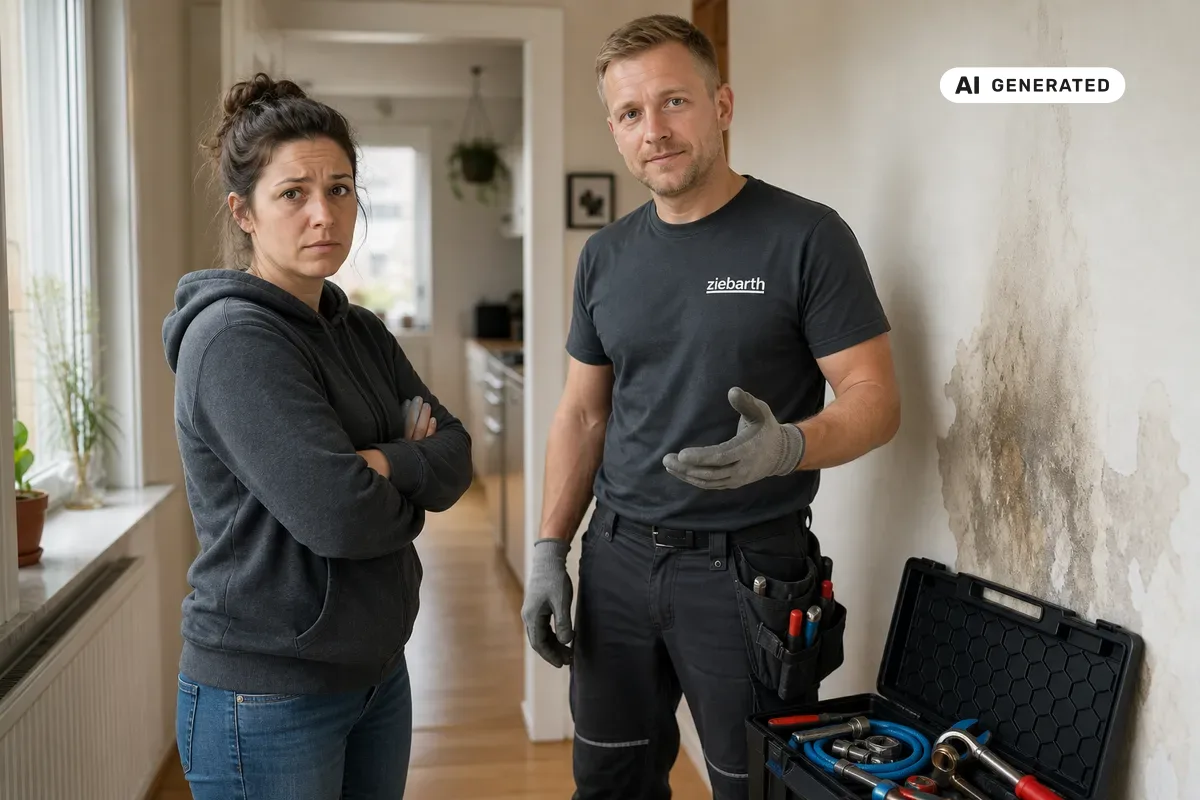 KI-generiertes Bild: Besorgter Hausbesitzer spricht mit Techniker über Wasserschaden durch verstopftes Rohr