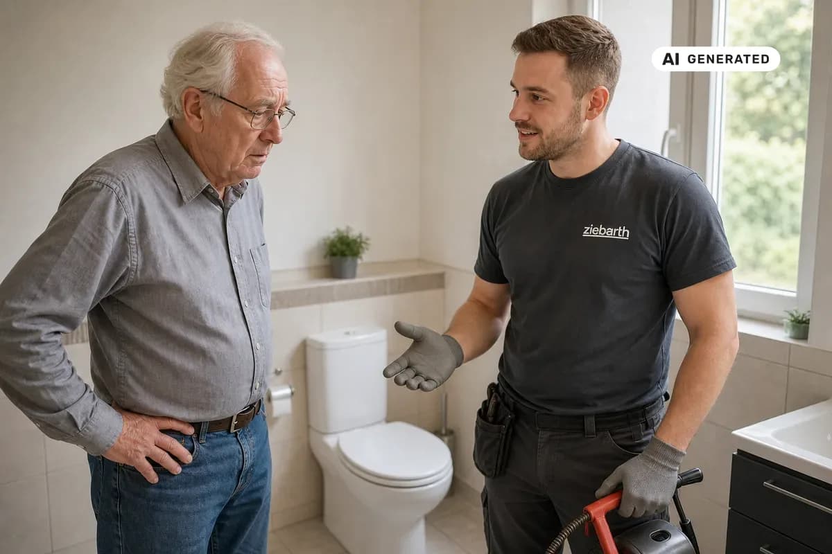 KI-generiertes Bild: Techniker beruhigt Hausbesitzer bei einer verstopften Toilette